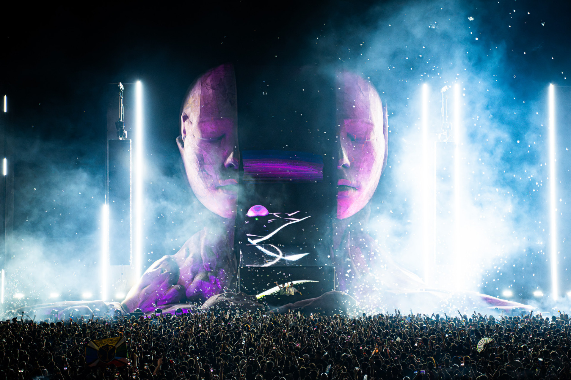 CORE main stage with twin faces lit purple, smoke and lights